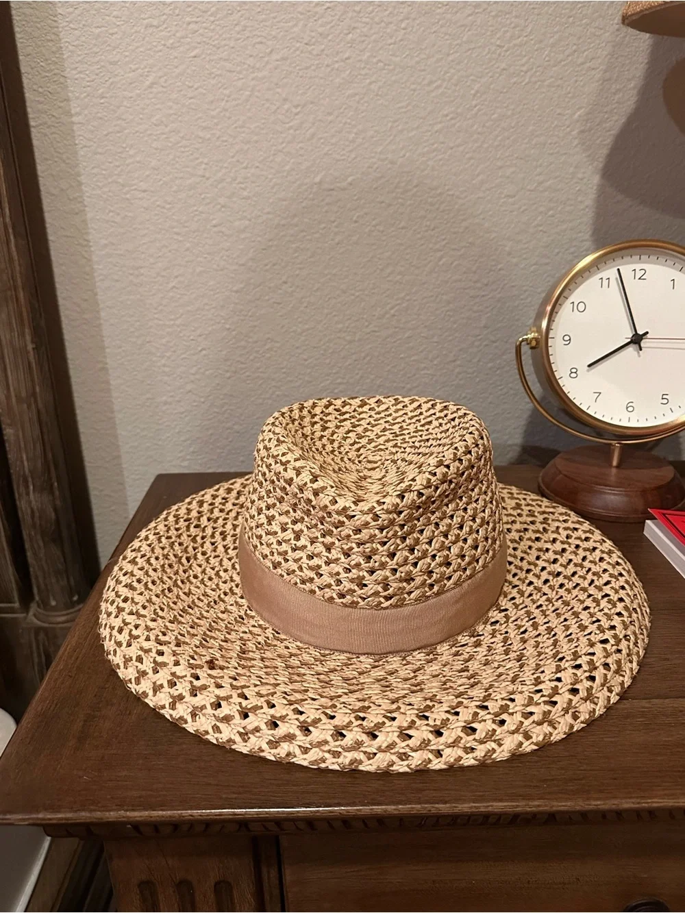 Eric Javits Natural Straw Wide Brim Hat with Tan Band